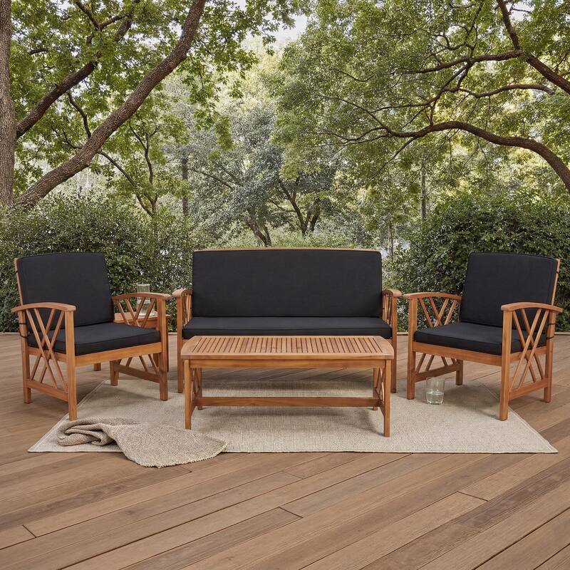 SAFAVIEH Outdoor Nayely 4-Piece Acacia Solid Wood Conversation Patio Set - 47W x 33D x 26H - Natural/Black Cushion