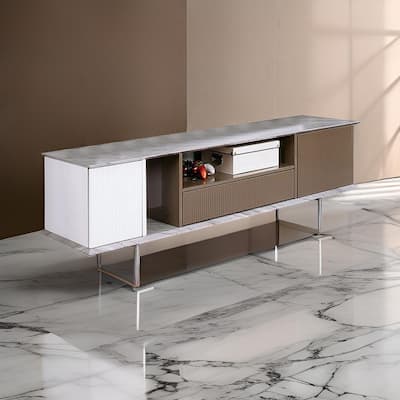70 Inch TV Entertainment Console, 1 Drawer, Shelves, White, Brown, Gray
