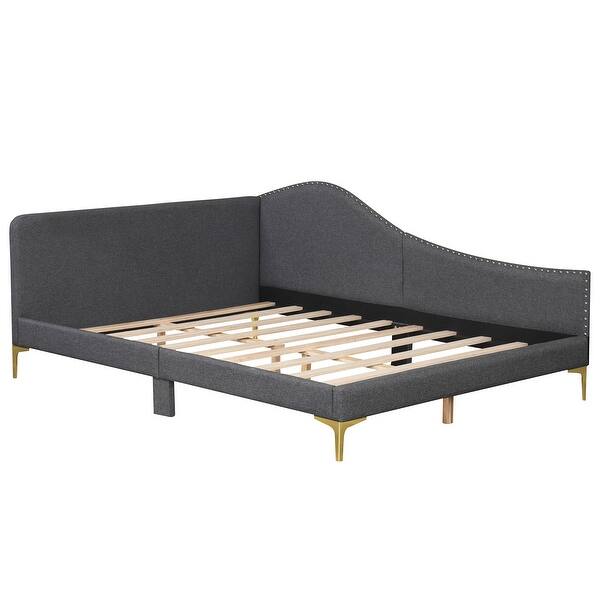 slide 2 of 7, Rivet-Tufted Platform Bed with Metal Legs and Wood Slats-Full Size Grey