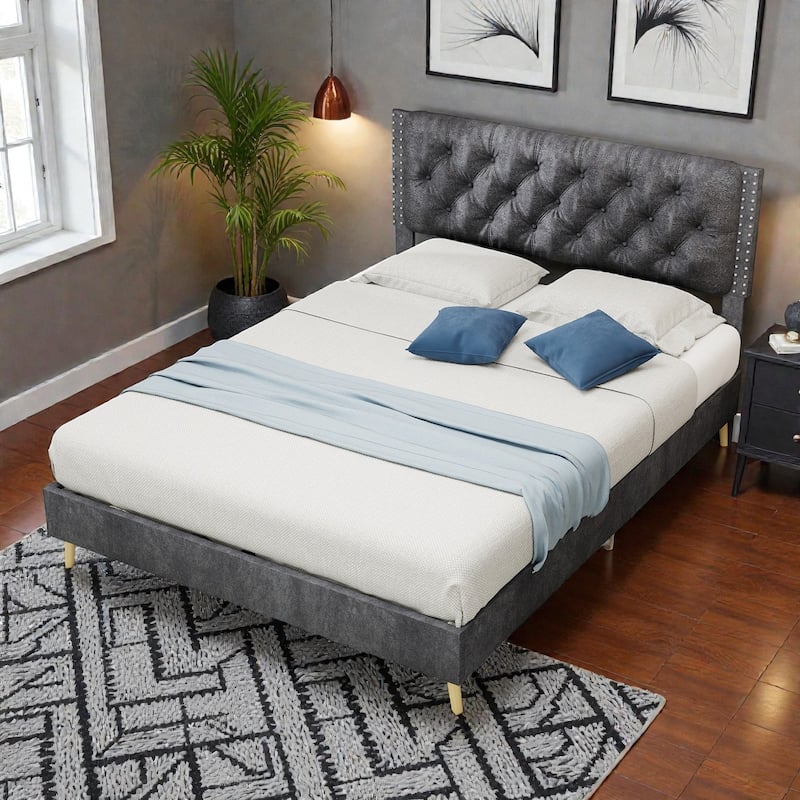 Suede Velvet Upholstered Bed Frame with Tufted Headboard, Soft Platform Bed for Master Bedroom