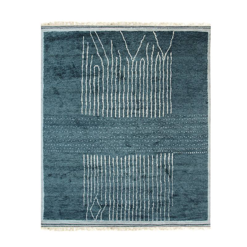 Green/Turquoise Hand Knotted Wool Moroccan Berber Rug, 5' x 8', Plush Elegant Accent - L