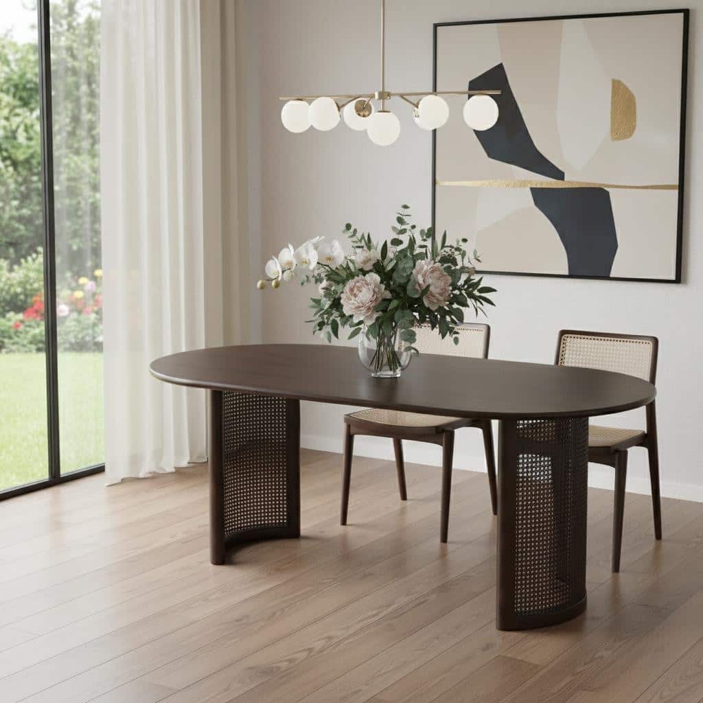 HomeRoots 66" Brown Solid Wood Double Pedestal Base Oval Dining Table - 66.30 in. x 29.64 in. x 33.15 in.