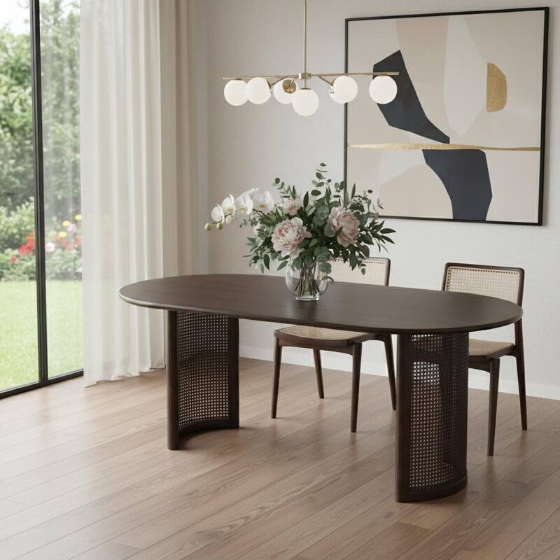 HomeRoots 66" Brown Solid Wood Double Pedestal Base Oval Dining Table - 66.30 in. x 29.64 in. x 33.15 in. - Brown - 66.30 in. x 29.64 in. x 33.15 in.