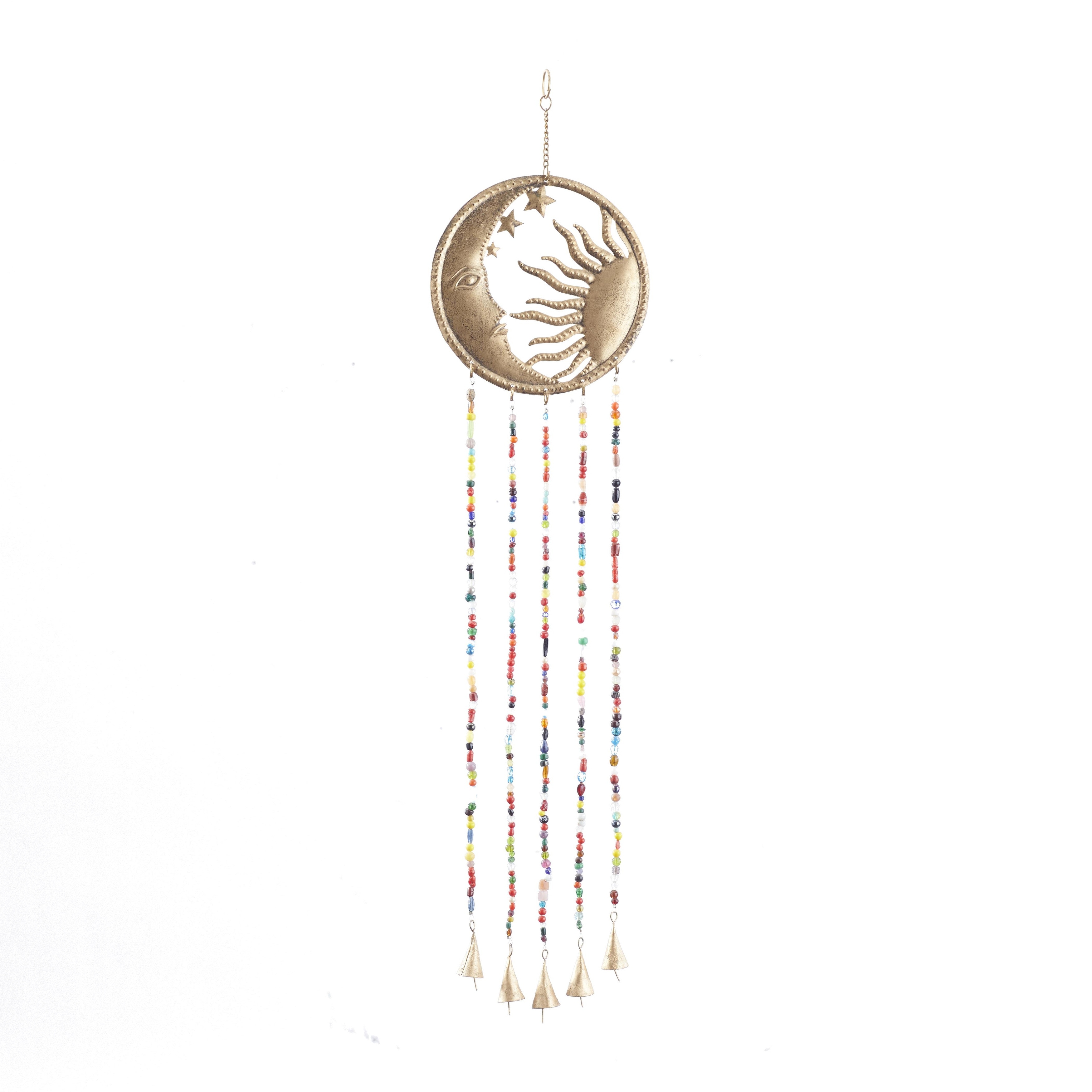 Metal Sun and Moon Handmade Indoor Outdoor Windchime with Glass Beads and Bells - Brass - Roche River Decor