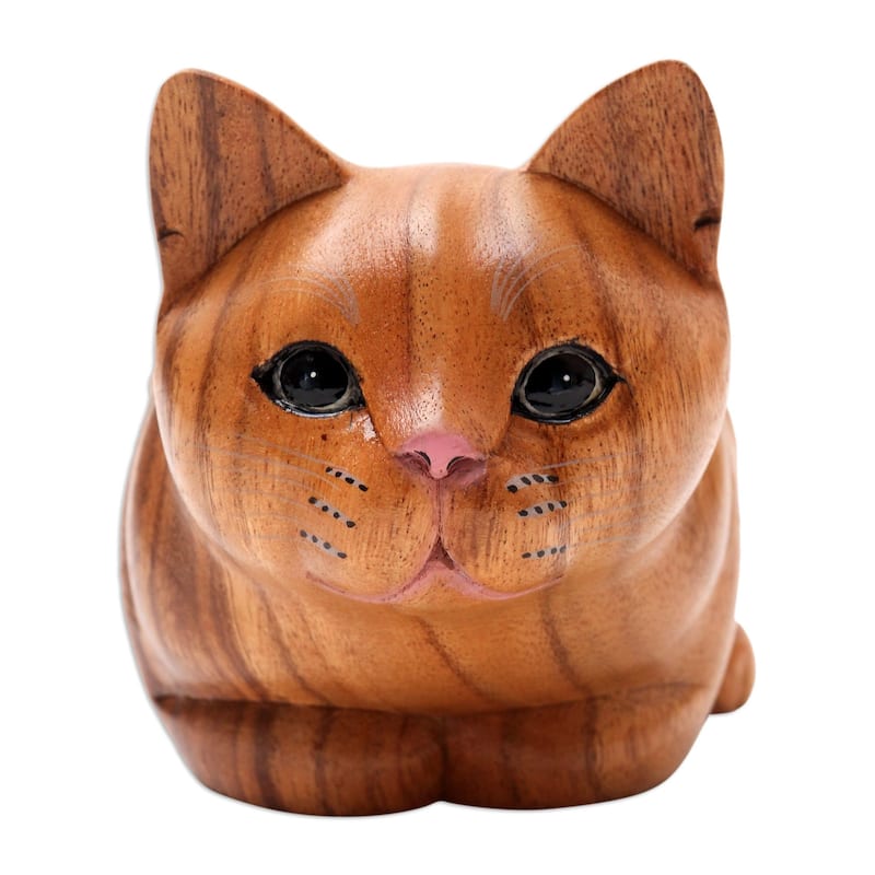 Novica Handmade Lazy Cat Wood Statuette