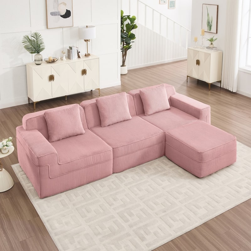 Modular L-shaped Deep Seat Boneless Cloud Sectional Sofa with Throw Pillows & Ottoman