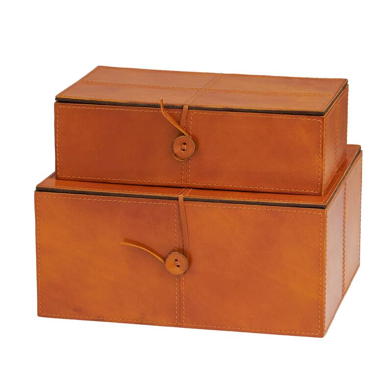 Brown Leather Storage Box with Snap Front Closure and Detailed Stitching (Set of 2)