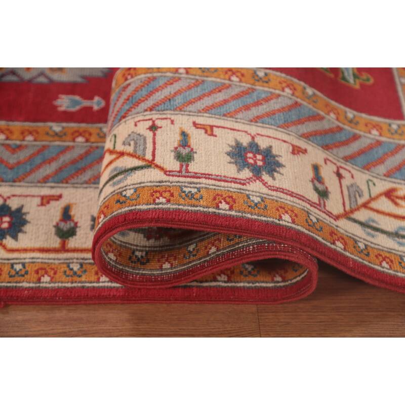 Geometric Red Kazak Area Rug Handmade Oriental Wool Carpet - 6'6" x 9'10"
