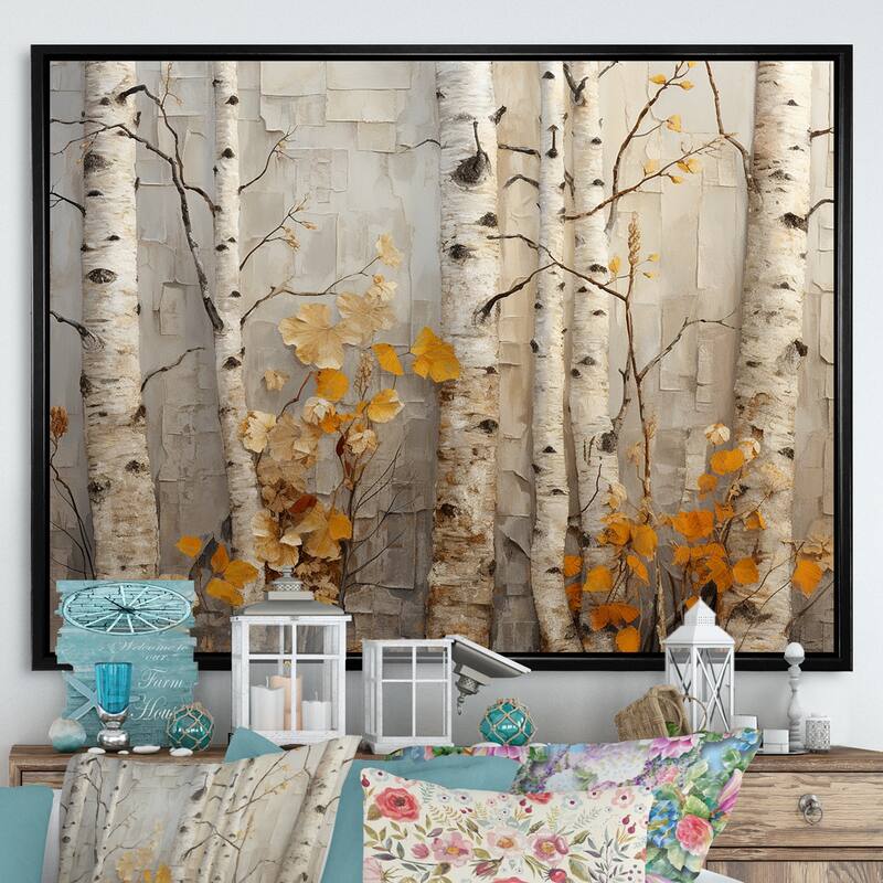 Designart "Autumn Birch Tree Elegance" Tree Orange Wall Decor - Country Living Room Framed Canvas Art - 32 in. wide x 24 in. high - Black