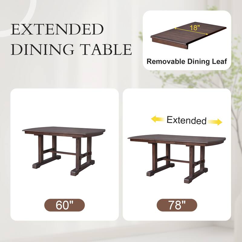 Roomfitters 60 to 78" Extendable Dining Table, Farmhouse Wooden Kitchen Table with Removable Leaf, Table for 4 to 8