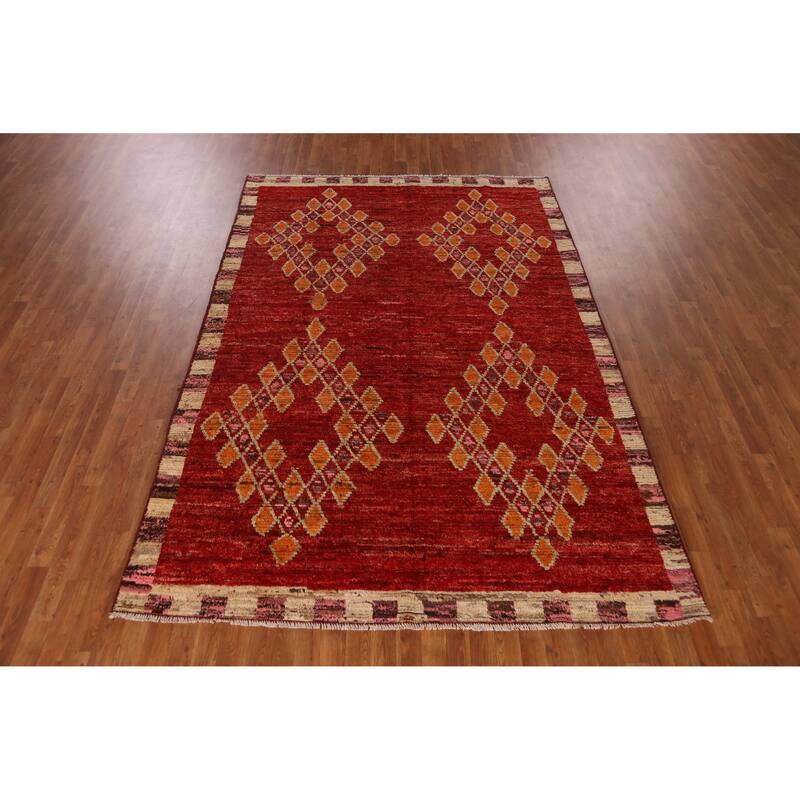 Red Geometric Moroccan Oriental Area Rug Handmade Tribal Wool Carpet - 6'7" x 9'10"