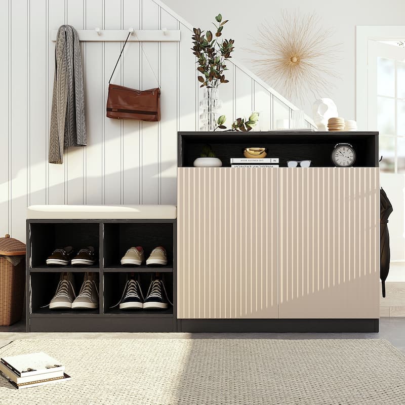 Bayliy 2 Doors Storage Cabinet with Shoe Bench and Adjustable Shelves