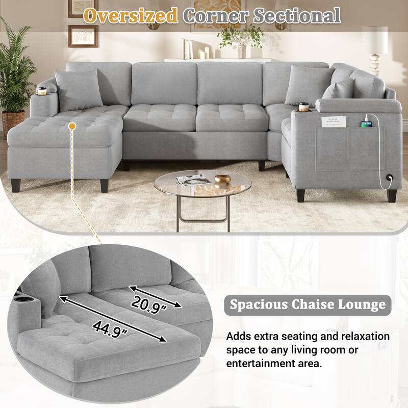 Oversized Corner Sectional, Modern U-Shaped Sectional Sofa with Built-in Storage Boxes and Dual Cup Holders, USB Ports, Pockets