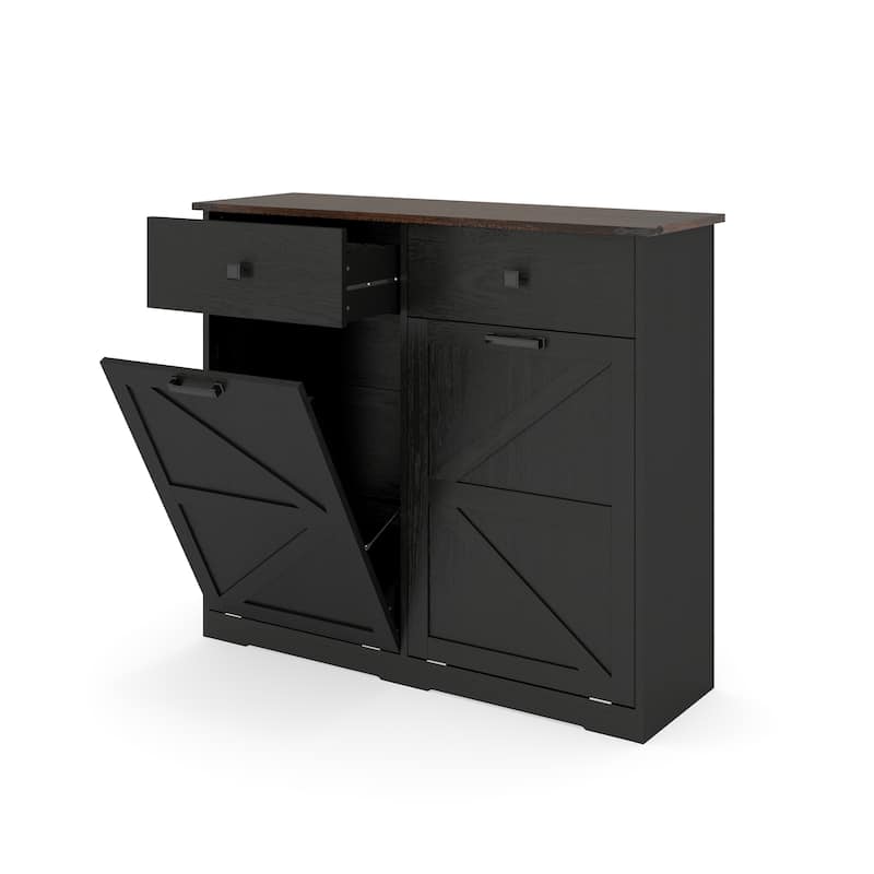 Farmhouse Double Tilt Out Trash Cabinet, Free Standing Recycling Cabinet with Hideaway Drawer, Barn Door Laundry Sorter Cabinet