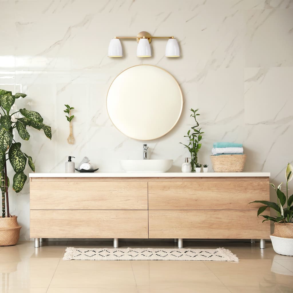 Biba 24 in. 3-Light Brushed Gold Modern Vanity Light with Ice Mist Metal Shades