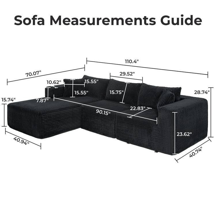 110" Modular Cloud Couch Sectional Sofa - Deep Seat Corduroy L-Shape Couch - Boneless Compressed Sofa