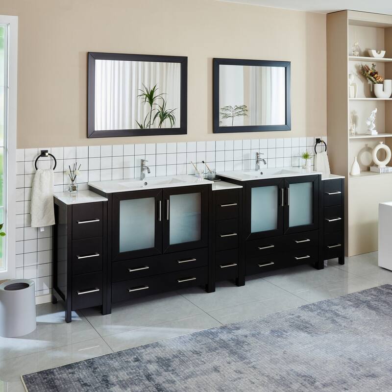 Vanity Art 108" Double Sink Bathroom Vanity Set 13 Dove-Tailed Drawers 3 Cabinets 2 Shelves Soft-Closing Doors with Free Mirror
