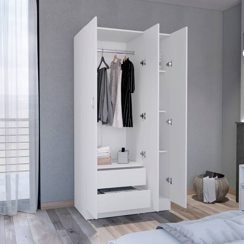 19.69" Modern Three-door Armoire with 2 Drawers and Hanging Rod for Bedroom