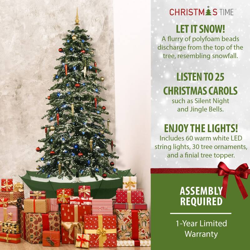 Christmas Time 67-In. Musical Snowy Indoor Holiday Decor, Green Christmas Tree with Green Umbrella Base