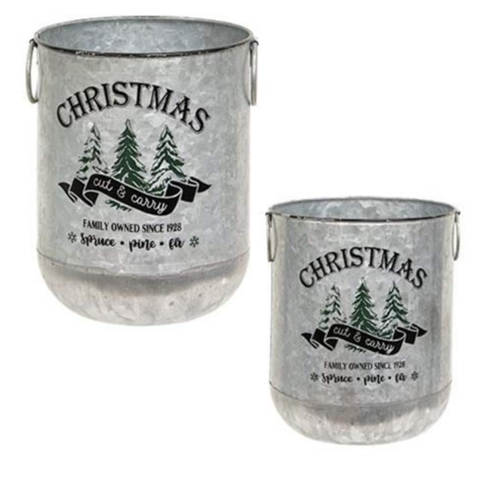 Rustic Grey Galvanized Metal Buckets Set of 2 with Holiday Tree Graphics and Round Handles - 8.5” high x 7” in diameter