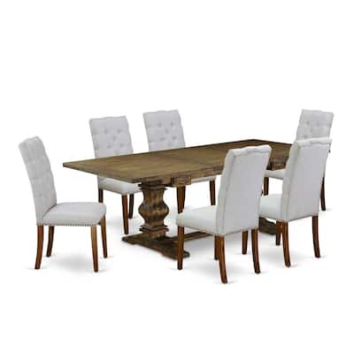 7-Piece Dining Table Set with Chairs - Antique Walnut & Gray Linen Fabric - Modern Dining Room Furniture Set - 92