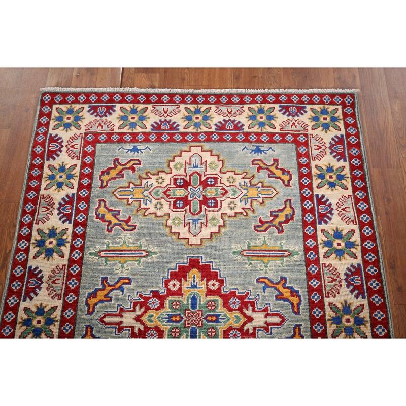 Geometric Kazak Foyer Rug Hand-Knotted Blue Wool Carpet - 3'4" x 4'9"