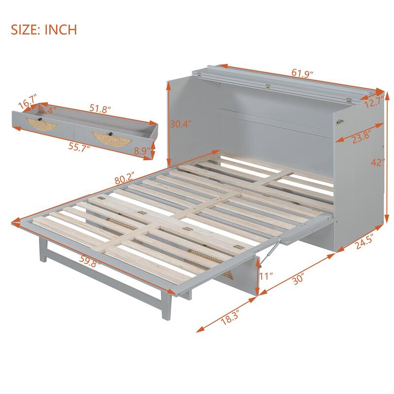 Modern Style Murphy Bed with Large Drawer,USB Ports and Outlets for Bedroom