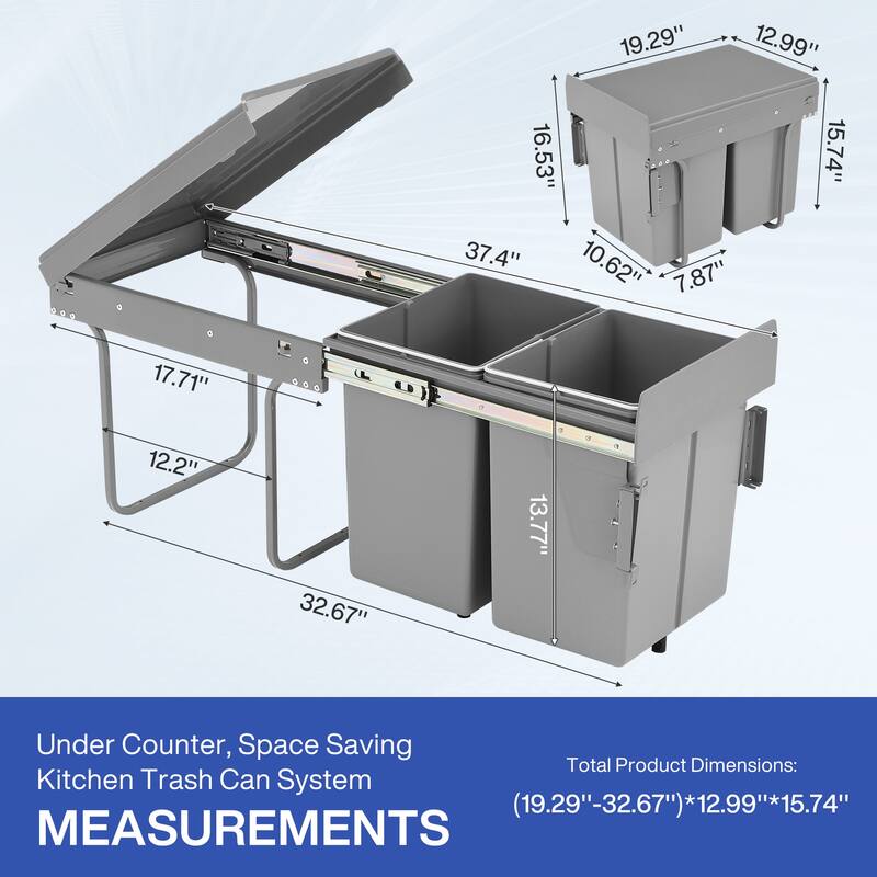 Under Cabinet Pull-Out Trash Can, 40L (20L+20L) Double Bin Kitchen Garbage Can with Soft-Close Slides