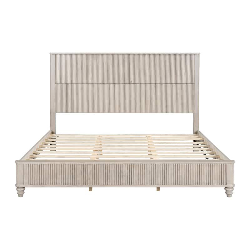 Solid Wood Bed Frame,King Platform Bed Frame with Headboard,Tall Headboard Natural Wood Bed ,No Box Spring Needed,Beige