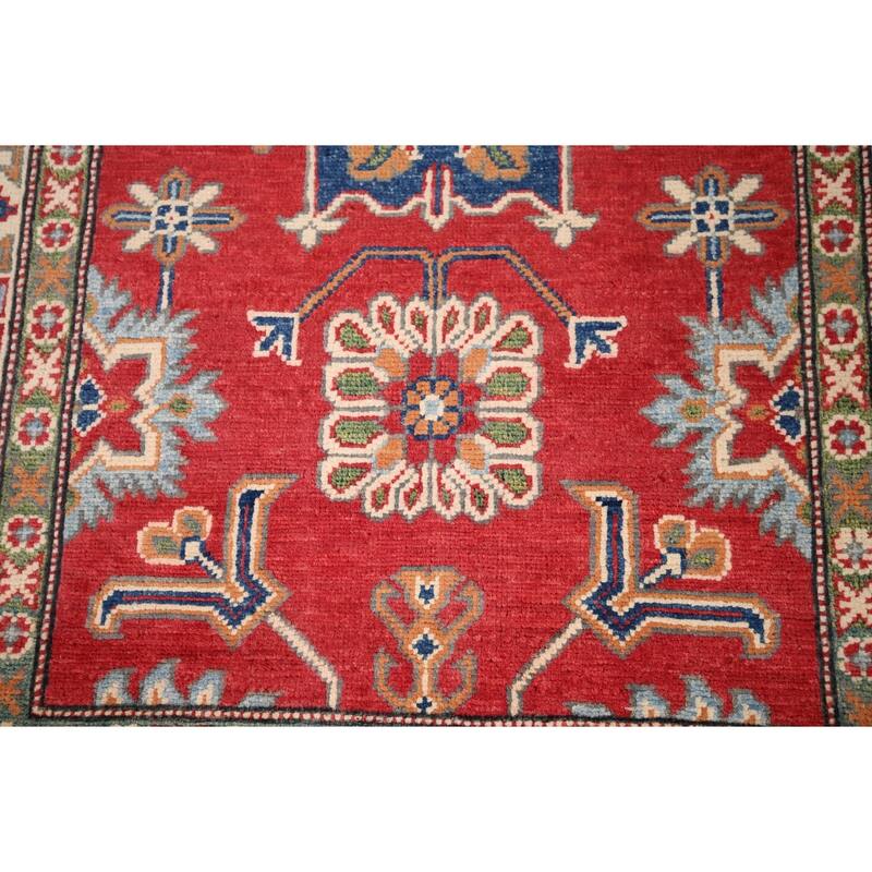 Geometric Red Kazak Oriental Accent Rug Handmade Wool Carpet - 3'4" x 5'0"