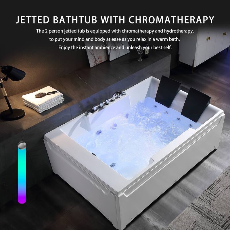 72 in. x 48 in. Left Drain Alcove Whirlpool Bathtub Lighted Rectangular Hydrotherapy Jetted Soaking Bath Tub in White