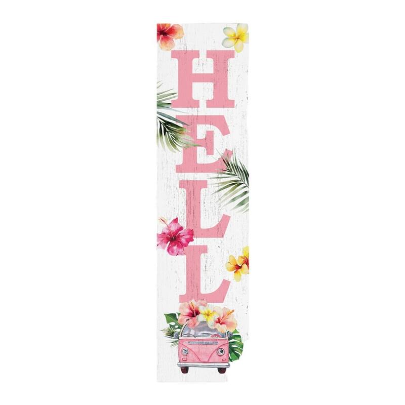 HomeRoots 36" Pink And White Solid Wood Tropical Floral Hello Porch Sign