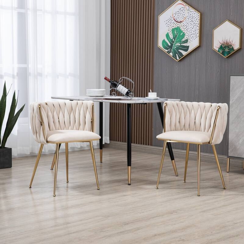 SEYNAR Modern Glam Velvet Dining Side Chair Set of 2 with Gold Metal Frame - Ivory
