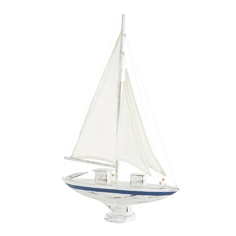 Wood Sail Boat Distressed Decorative Sculpture with Brown Beaded Accents - White - Roche River Decor