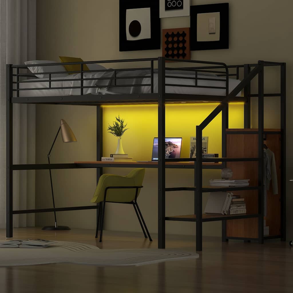 Full Size Metal Loft Bed with Desk, Storage Staircase, Wardrobe, and LED Light