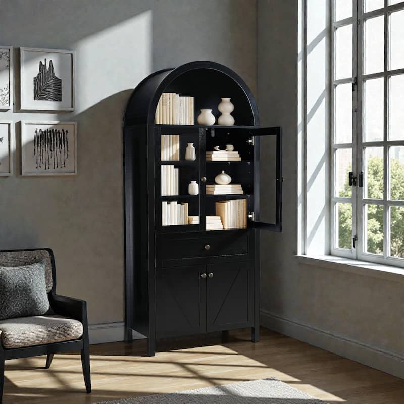 Vintage Dome Cabinet with Arched Design, Large Storage Display Cabinet with Adjustable Shelves for Living Room