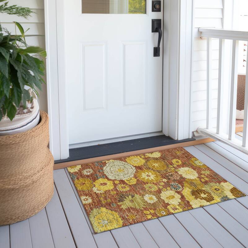 Machine Washable Indoor/ Outdoor Modern Floral Chantille Rug - Terracotta - 1'8" x 2'6"