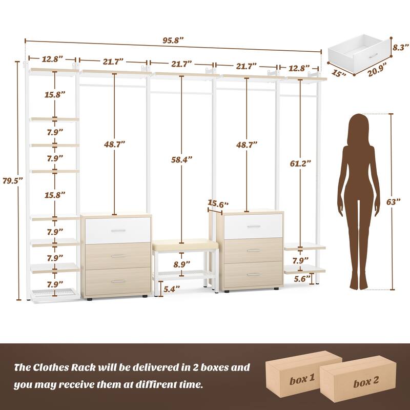 96'' Closet Organizer System with 6 Drawers, Clothing Rack Wardrobe Closet Garment Rack for Walk In Closets