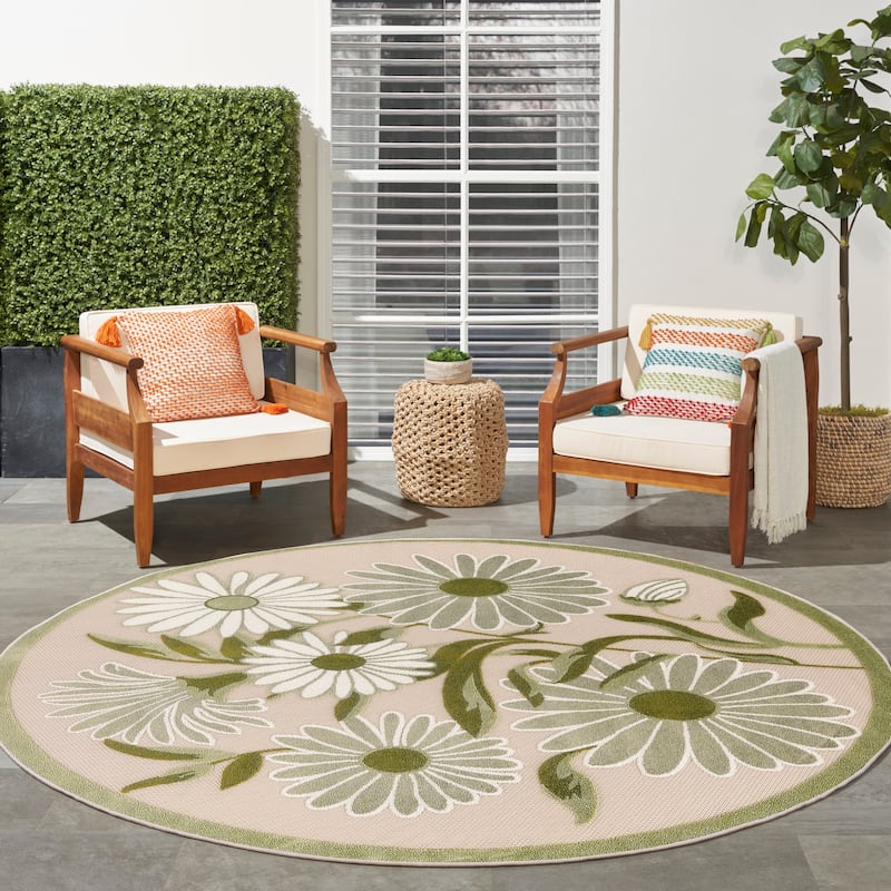 Nourison Aloha Indoor/Outdoor Floral Area Rug - 7'10" x Round - Ivory/Green
