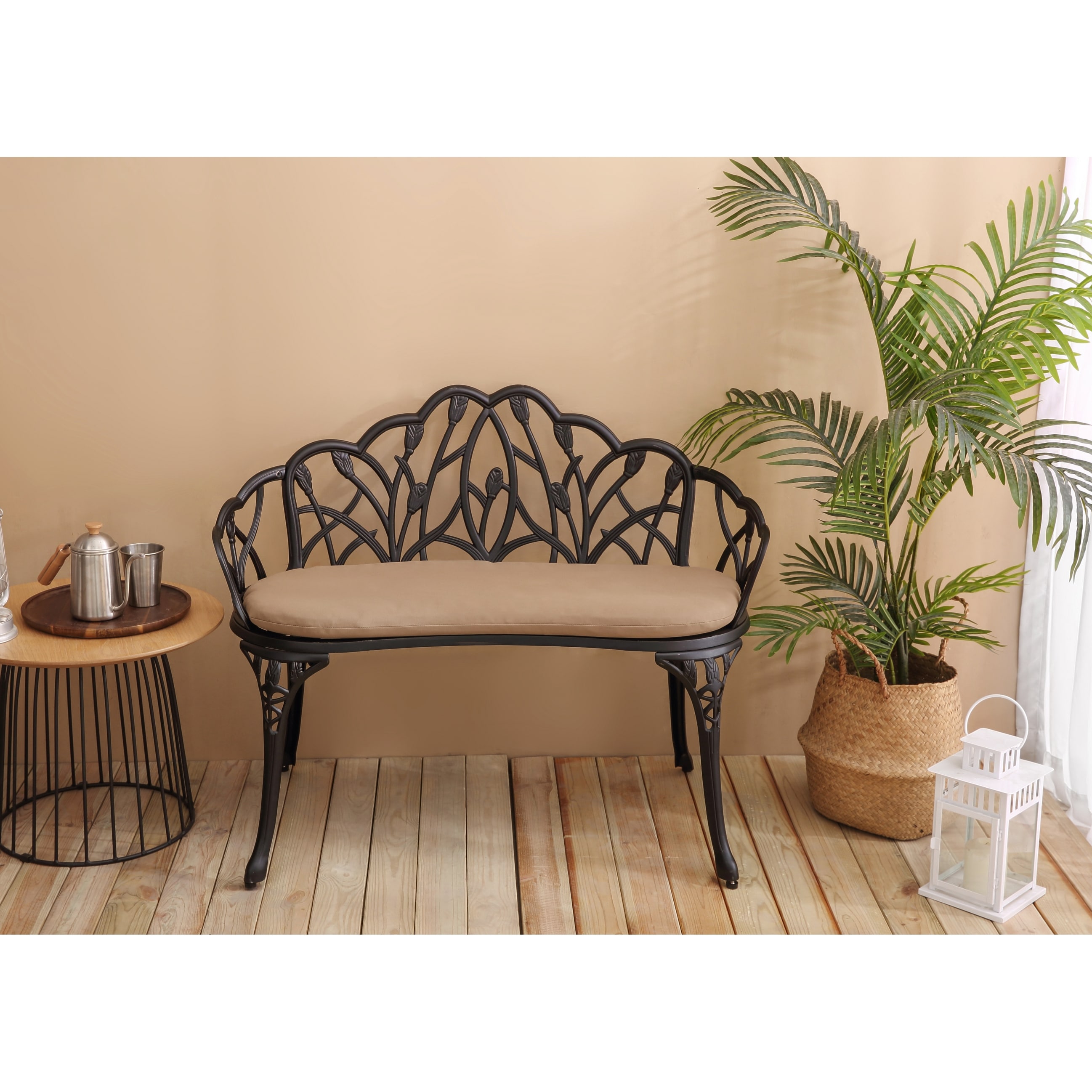 Tulip Patio Garden Bench Metal Park Bench Cast Aluminum Outdoor Furniture with Floral Rose，with cushion