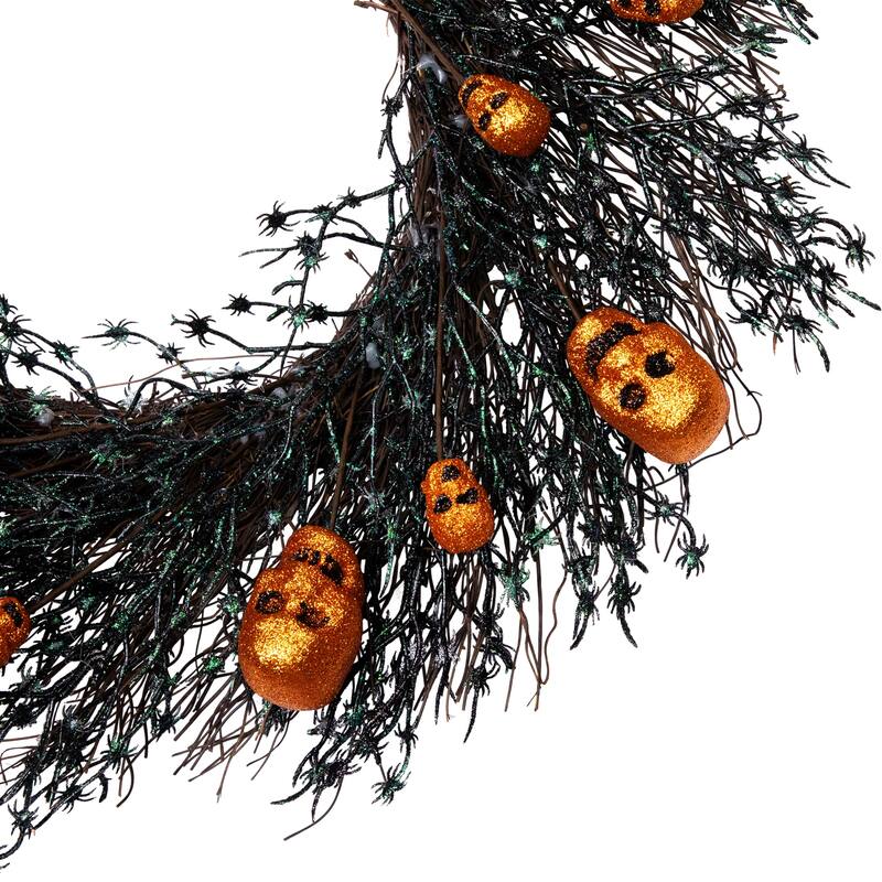 Black and Orange Skulls and Spiders Halloween Twig Wreath 22-Inch Unlit