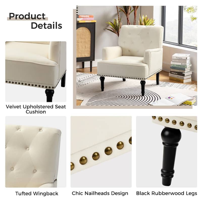 Geltrude Transitional Upholstered Button Tufted Club Chair with turned wooden Legs by HULALA HOME