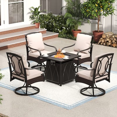 5-Piece Patio Dining Fire Pit Set of 4 Rattan/Metal Deep-Seating Swivel Chairs and 28" 50,000BTU Propane Fire Pits Table - N/A