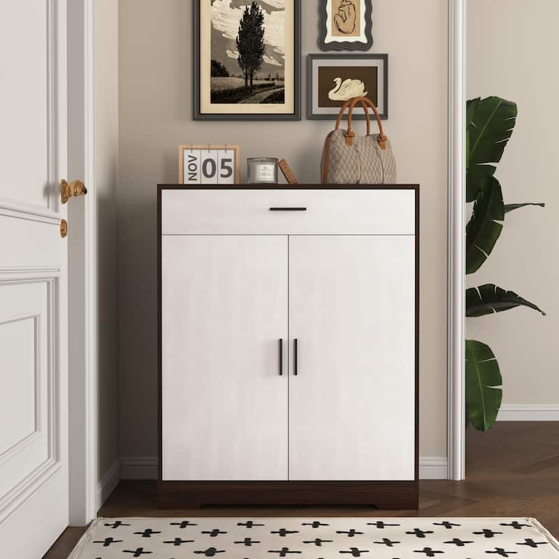 Freestanding Wooden Shoe Cabinet, 4-Tier Shoe Rack Organizer, Shoe Cabinet with Drawer, 2 Door & Adjustable Shelves