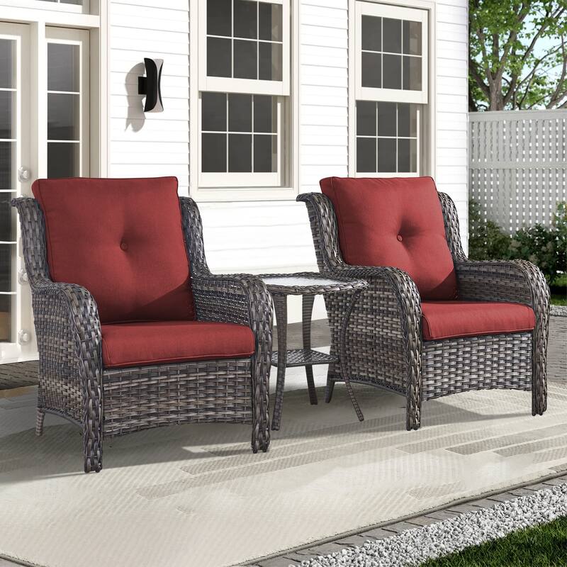 Outdoor Arm Chair with Cushion Rattan Chair - Grey Rattan - Red Cushion - 3PCS - Patio Chair w/ Table