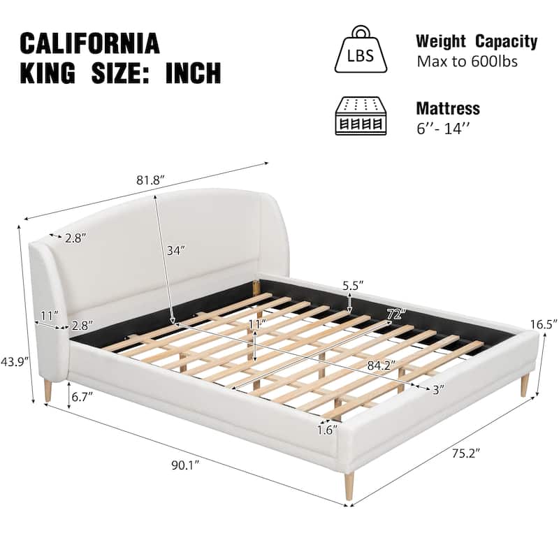 Upholstered Platform Bed Frame with Wingback Curved-Shaped Headboard, Solid Rubber Wood Legs, Wood Bed Support and Slats - White
