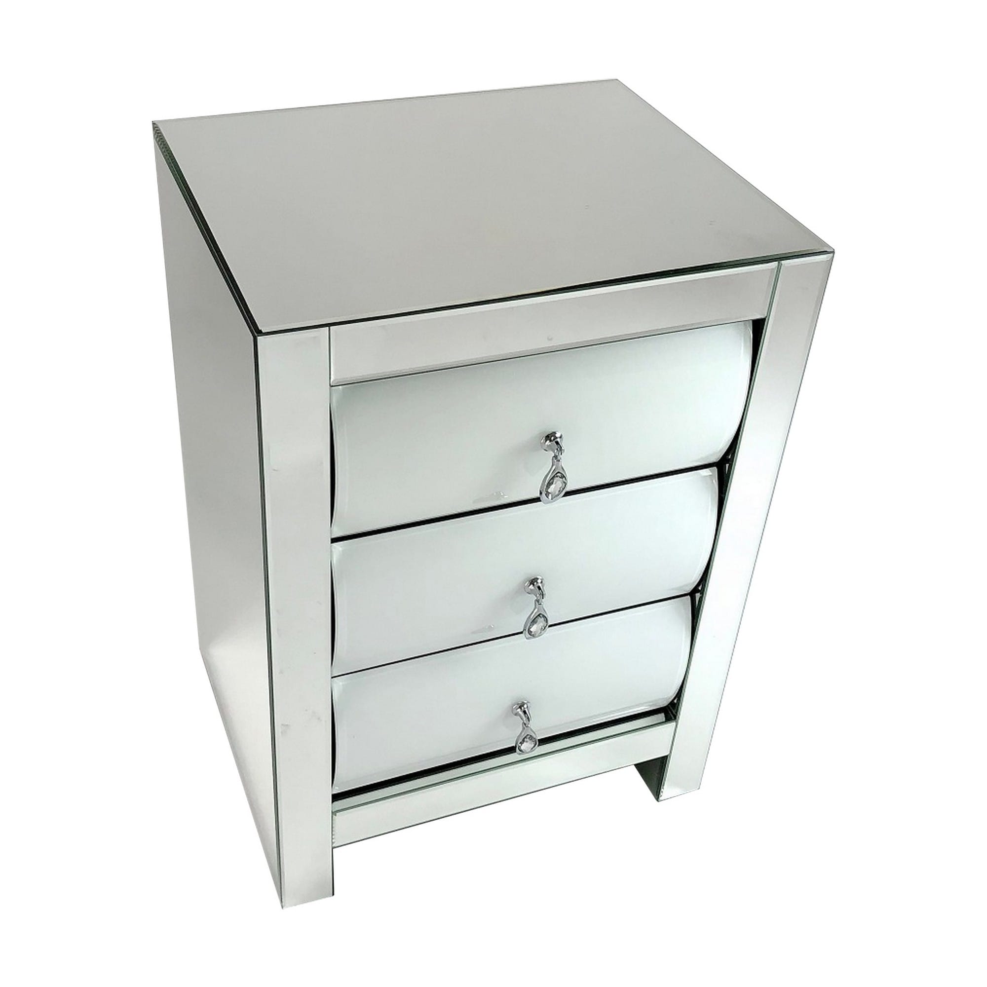 Mirrored Chest with 3 Curved Drawers and Crystal Pulls, Silver