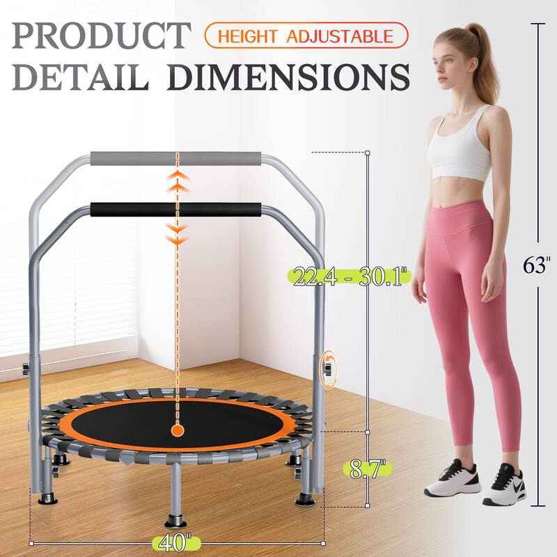 40"/48" Foldable Mini Trampoline Rebounder with Adjustable Foam Handle for Indoor/Outdoor Fitness