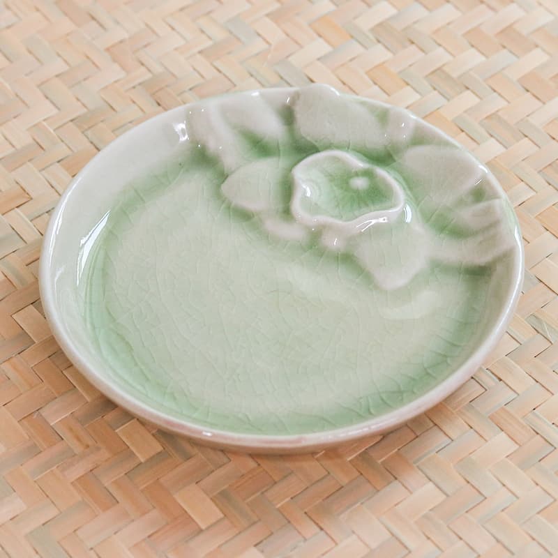 Novica Handmade Orchid Charm Small Celadon Ceramic Plate