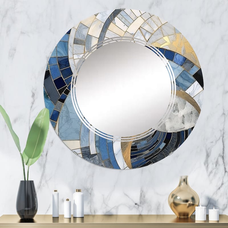 Designart "Gold Constructing Blue Realms I" Abstract Shapes Modern Wall Mirror - 32in.x32in.